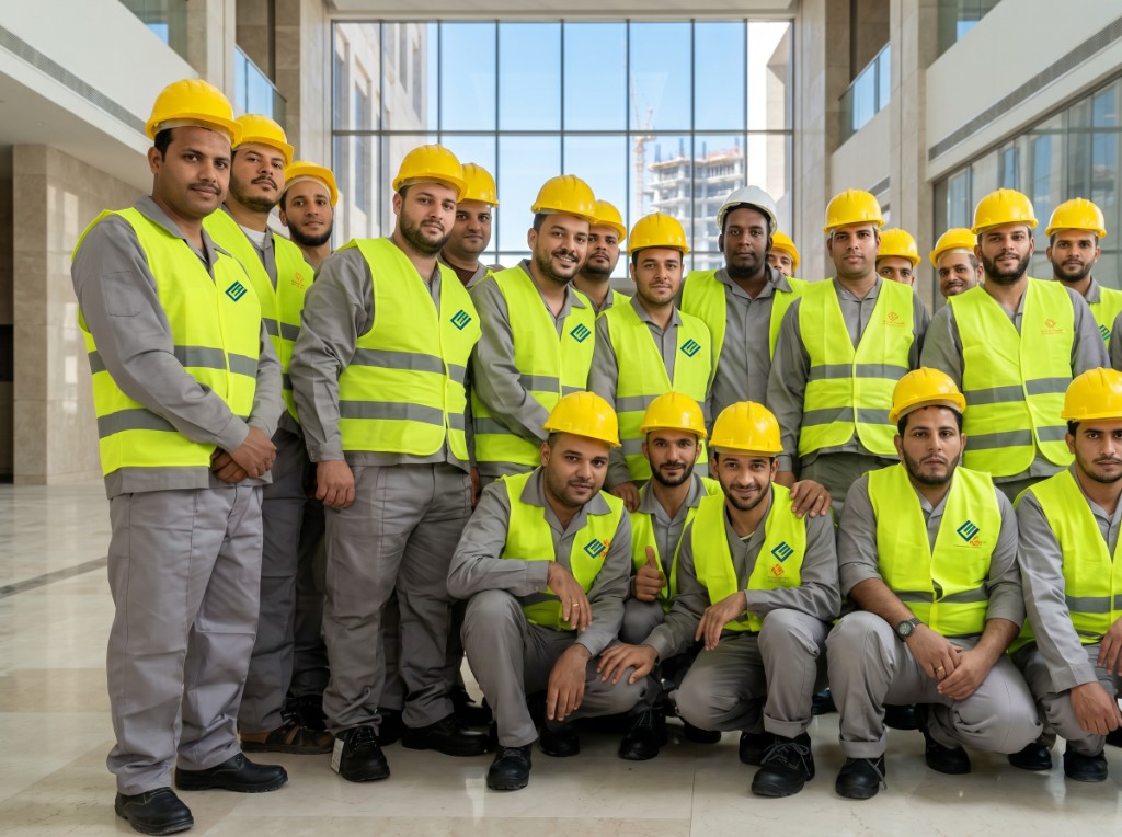 صورة جماعية لفريق العمل بزي موحّد ومعدات السلامة في مقر الشركة
